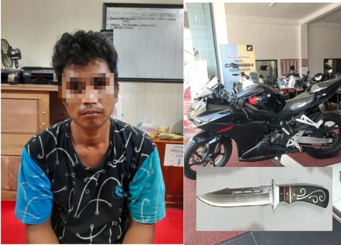 RS alias Aris(30) dan sepeda motor yang dibawa kabur serta pisau belati yang dibawanya.