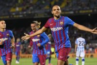 Penyerang Barcelona Martin Braithwaite Usai Cetak Gol Kedua ke Gawang Real Sociedad di Camp Nou, Barcelona, Spanyol,  16 Agustus 2021. (foto: Antara/AFP/Josep Lago)