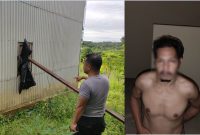 Pelaku(kanan) saat diamankan polisi, dan foto kanan, terlihat kapolsek Gunung Purei saat menunjuk pintu masuk yang dirusak pelaku saat beraksi.