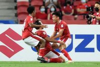 Kesebelasan Indonesia Rayakan Gol Kemenangan. Foto: AFP/Roslan Rohman.