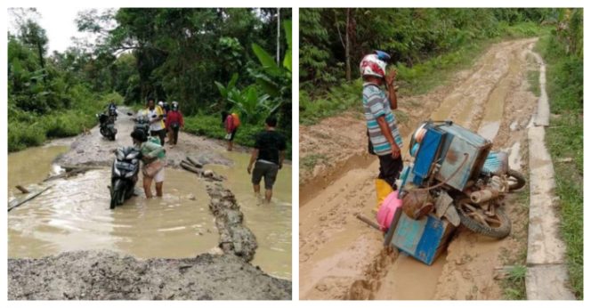 gambar kiri jalan rusak Kandui-Majangkan. Sementara gambar kanan kondisi jalan rusak penghubung Desa baturaya1 dan 2. Foto.ist.