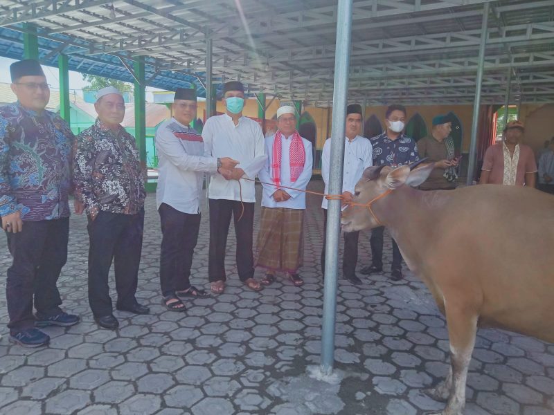 Aryawan Plt Kepala Dinas PMD Provinsi Kalteng (tengah) saat menyerahkan hewan kurban secara simbolis kepada Sekda Kabupaten Barsel. Foto. Alifansyah/1tulah.com
