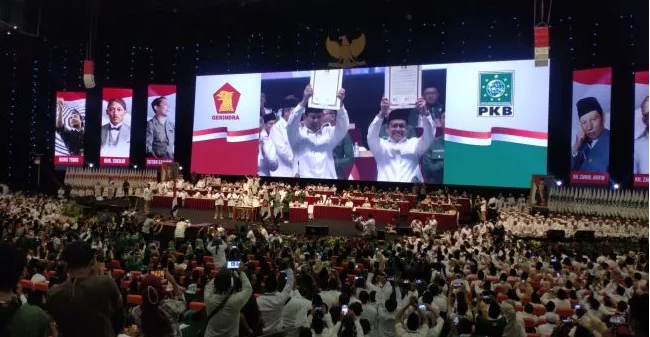 Penandatanganan koalisi Gerindra-PKB pada Pilpres 2024 dilakukan dalam acara rapat pimpinan nasional Partai Gerindra di SICC, Bogor, Jawa Barat.foto.suara.com