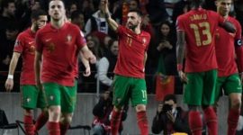 Pemain timnas Portugal merayakan gol ke gawang timnas Makedonia Utara dalam laga final play-off Path C Kualifikasi Piala Dunia 2022 Zona Eropa di Stadion Do Dragao, Selasa (29/3/2022). (Foto : bolasport.com)