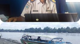 Kursani, Kepala UPT Dinas Perhubungan Dermaga Pasar Lama Buntok, Kabupaten Barsel (atas) dan moda transfortasi air speed boat yang sedang menunggu penumpang. 
Foto. Alifansyah/1tulah.com
