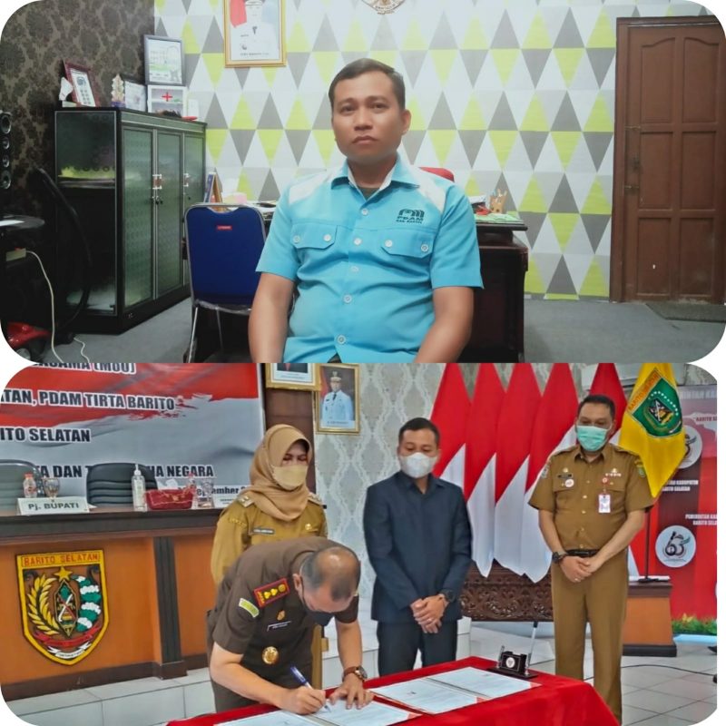 Rona Cipta, Direktur PDAM Tirta Barito Buntok (atas), dan acara penandatangan MoU dengan Kejari Barsel. 
Foto. Alifansyah/1tulah.com
