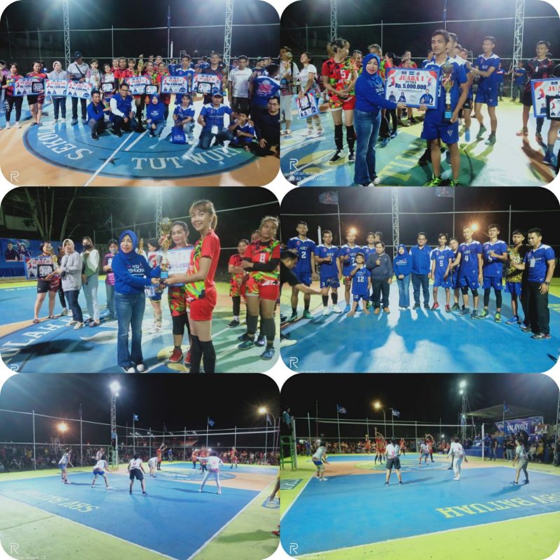 Pertandingan final Bola Voli AHY Cup 2022 Putri (bawah) dan penyerahan piala serta piagam penghargaan dari Ketua DPC Partai Demokrat Kabupaten Barsel (atas).
Foto. Alifansyah/1tulah.com
