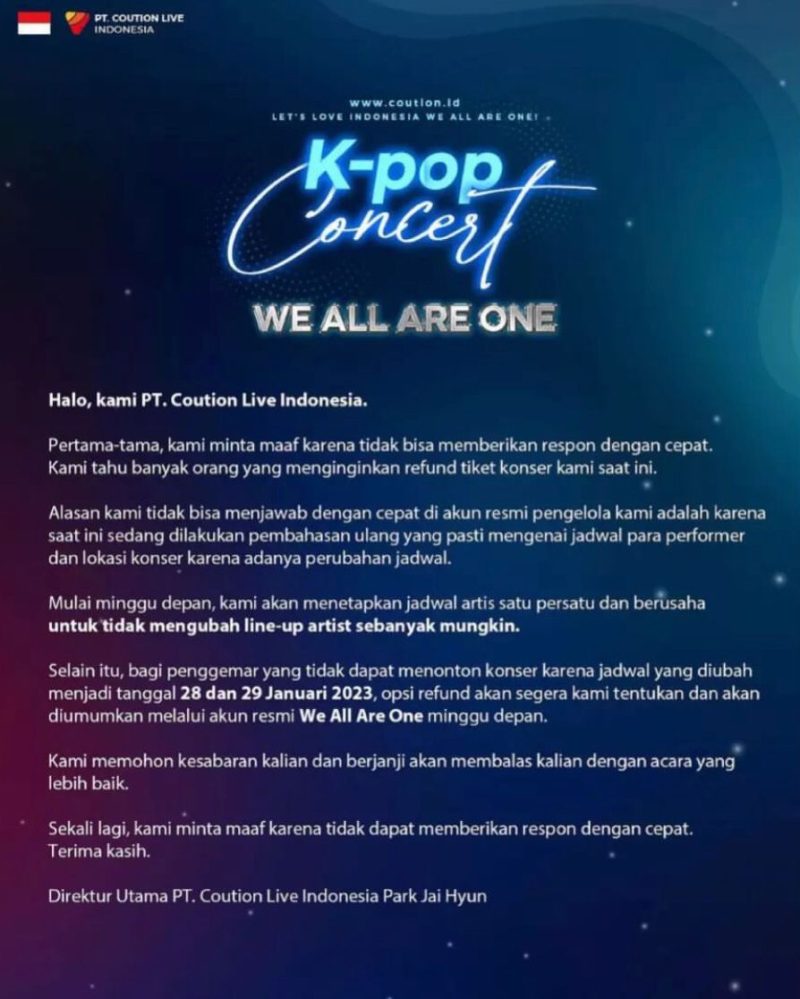 Usai diminta refund, pihak promotor konser ' We All Are One' rilis pernyataan. (Foto: Instagram @weallareone_official)
