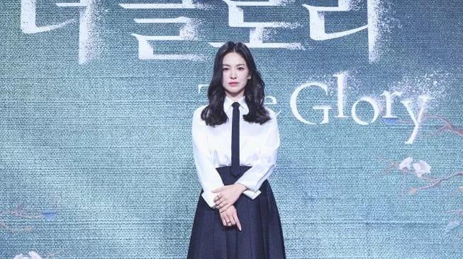 Song Hye Kyo di jumpa press The Glory. Sumber foto : suara.com