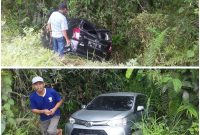 Mobil Daihatsu Sigra warna hitam, dan Avanza Silver jatuh ke parit usai bertabrakan di jalan Buntok-Kalahein, Rabu (30/11/2022). 
Foto. Alifansyah/1tulah.com
