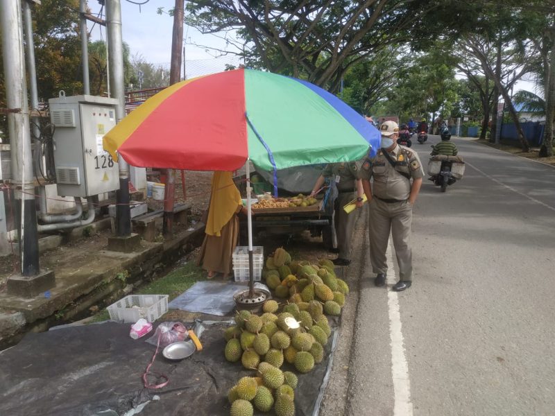 Saptol PP Pemkab barito Utara, saat menertibkan pedagang buah di jalan Pramuka, Selasa (24/01/2023) kemarin. Foto.Fathurohman/1tulah.com