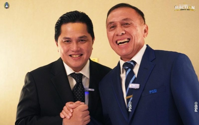 (Image: Photo shared by PSSI on February 15, 2023 tagging @erickthohir, and @mochamadiriawan84. May be an image of 2 people and suit.)
