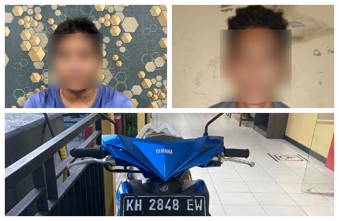 Kedua terduga pelaku penjambretan Sudin dan Wira, saat diamankan polisi. Inzet sepeda motor yang digunakn keduanya beraksi, awal bulan Februari lalu. Foto. Deni hariadi/1tulah.com