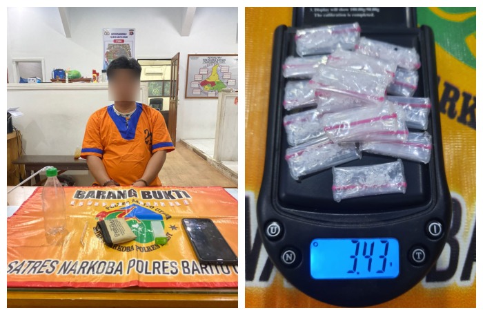 Pelaku dan barang bukti terkait sabu yang berhasil diamankan Polres Barut, Jumat (17/03/2023) (foto : 1tulah.com)
