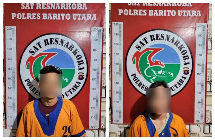 Pasutri EF dan R saat diamankan polisi di mapolres Barito Utara. Keduanya ditangkap polisi lantaran berbisnis narkotika jenis sabu. Foto.Deni/1tulah.com