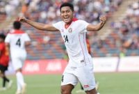Pemain sayap Timnas Indonesia U-22, Fajar Fathur Rahman merayakan gol usai menjebol gawang Timor Leste dalam laga Grup A sepak bola SEA Games 2023 di Olympic Stadium Phnom Penh, Kamboja, Minggu (7/5/2023) sore WIB. [dok. PSSI]
