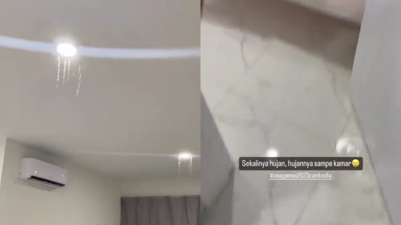 Kamar atlet putri bulu tangkis Indonesia kebanjiran gegara atap bocor. Sumber foto : Twitter @ainurohman
