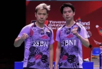 Ganda putra Indonesia Kevin Sanjaya Sukamuljo dan Marcus Fernaldi Gideon setelah memastikan lolos ke babak semifinal Thailand Open 2023. Sumber foto : suara.com
