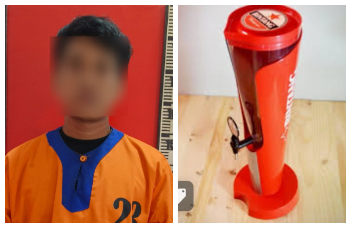 Pelaku saat diamankan di Mapolres Barito Utara.Foto inzet, tower beer yang digunakan pelaku memukul korban, Selasa (27/08/2023).Foto.Deni/1tulah.com