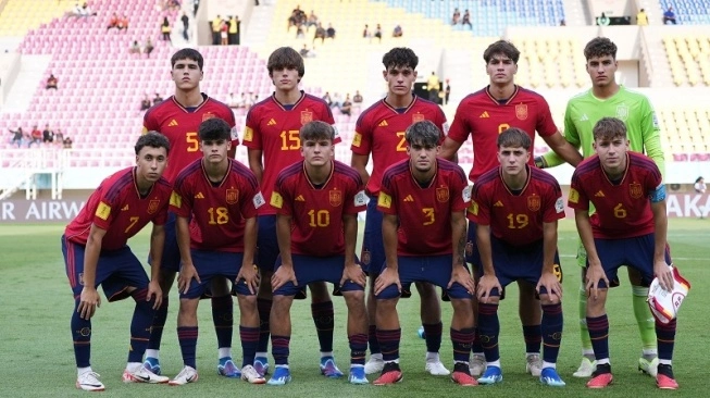 Starting elevel Timnas Spanyol U-17 di laga Piala Dunia U-17 2023 kontra Timnas Mali U-17 di Stadion Manahan, Solo, Senin (13/11). Sumber foto : suara.com