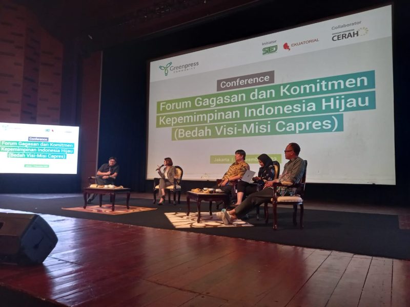 Diskusi membedah visi-misi Capres 2024 dengan tema ‘Forum Gagasan dan Komitmen Kepemimpinan Indonesia Hijau’ yang diadakan Green Press Community di Gedung Pusat Perfilman Usmar Ismail, Jakarta, Kamis (9/11/2023). Foto:Istimewa