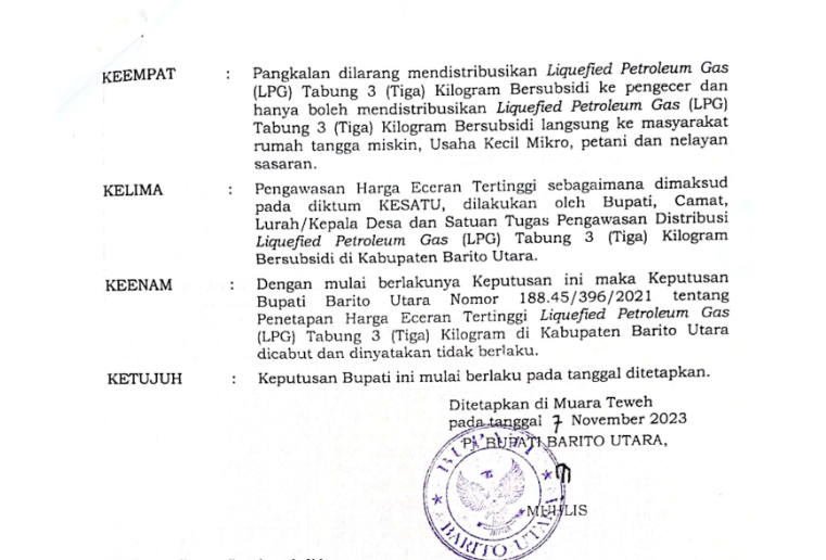 Pemkab Barut lakukan penyesuaian HET sekaligus mewajibkan agen distribusi langsung LPG ke pangkalan dan melarang distribusi ke pengecer. Foto. Humas Disdagrin