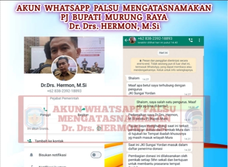Beredar akun palsu catut nama Pj Bupati Murung Raya. (Dok Kominfo SP Mura)