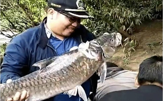 Anggota DPRD Provinsi Kalteng Siswandi saat menangkap ikan sapan putih di Sungai Beriam Kabupaten Mura. (Foto:Istimewa)