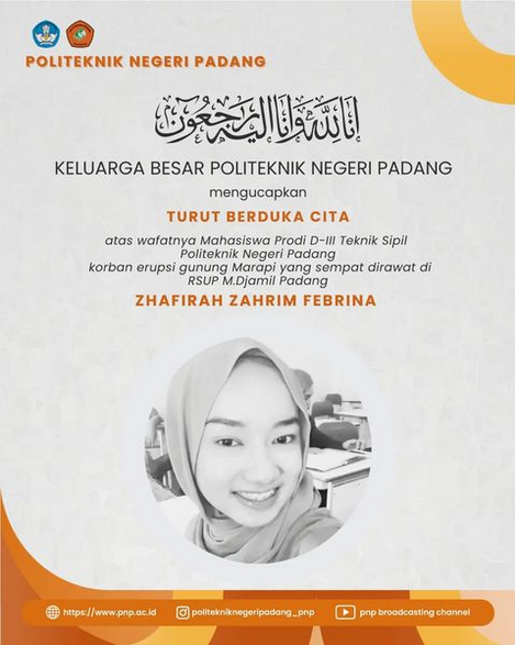 Zhafira Zahrim Febrina, korban erupsi Gunung Marapi meninggal dunia (sumber: instagram @politekniknegeripadang_pnp)