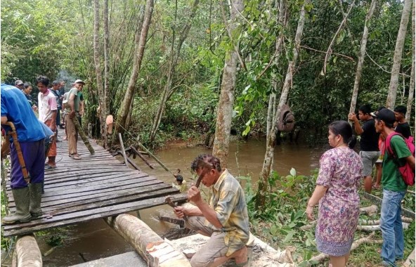 Camat Dusun Timur (Dustim), Nina Marissa (baju batik)meninjau aktivitas gotong royong untuk memperbaiki jembatan yang rusak di RT 01 Desa Matabu, Minggu (21/01/2024). Foto:Zakirin/1tulah.com
