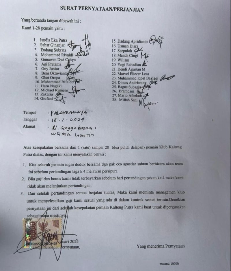 Surat Pernyataan Dari Gunawan Dwi Cahyo dan rekan-rekan pesepakbola(Sumber: Instagram gunawandwicahyo13)