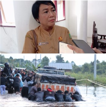 Kepala Dinas PUPR Barsel, Dr. Ita Minarni (atas) saat diwawancarai wartawan usai mengikuti Rakor penetapan status tanggap darurat dan (bawah) personil Polres Barsel dibantu masyarakat saat mendorong mobil yang mogok saat melintas di Desa Lembeng, Jalan Buntok - Palangka Raya, Senin (22/1/2024). 
Foto. Alifansyah/1tulah.com

