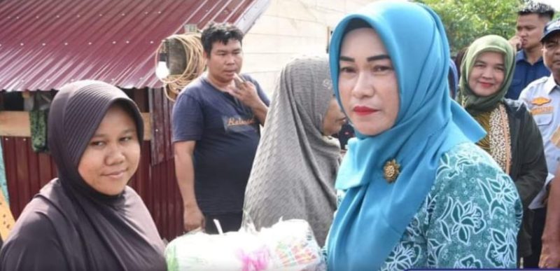 Ketua TP PKK Kabupaten Barito Utara Marsiana Muhlis, meninjau langsung lokasi banjir di desa Bintang Ninggi I dan kecamatan Montallat, sekaligus menyerahkan bantuan paket sembako secara simbolis. Foto:Delia/1tulah.com