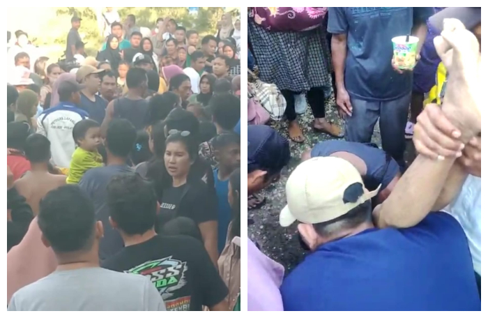 Warga memadati wisata DAM Trinsing. Inze foto warga saat melakukan pertolongan pertama terhadap korban tenggelam.Foto screnshot video warga