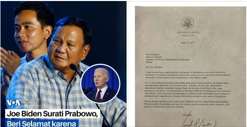 Lewat surat dengan kop resmi Gedung Putih, tertanggal 12 Maret, Biden menyampaikan “ucapan selamat kepada masyarakat Indonesia atas keberhasilan pemilu. Foto:Tangkapan Layar/voaindonesia.com
