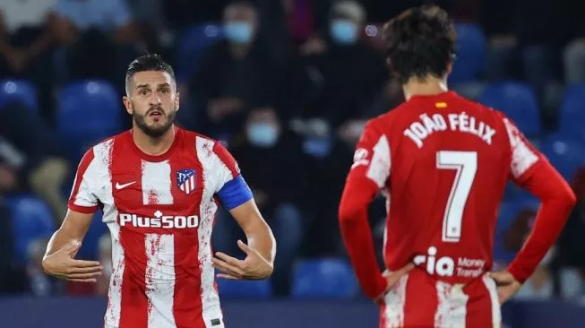Reaksi kapten Atletico Madrid, Koke pada laga Liga Spanyol kontra Levante di Estadio Ciudad de Valencia, Jumat (29/10/2021) pagi WIB (sumber: suara.com)