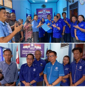 H. Sudiarto, anggota DPRD Barsel yang masih aktif dan terpilih periode 2024-2029 didapingi instri (tengah) saat menyerahkan berkas untuk mendaftar sebagai bakal calon Bupati maupun Wakil Bupati pada Pilkada 2024 kepada Ketua Bapilu (H. Armada) didampingi Ketua DPD PAN, Ideham (tengah) dan saat diwawancarai wartawan (foto bawah) di kantor Seketariat DPD PAN setempat, Rabu (17/4/2024). Foto. Alifansyah/1tulah.com

