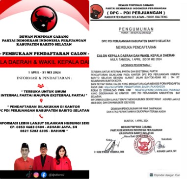 Surat pengumuman DPC PDI Perjuangan membuka pendaftaran bakal calon Kepala daerah dan Wakil Jepala daerah (foto kanan) dan surat pemberitahuan pendaftaran (foto kiri). Foto. Alifansyah/1tulah.com