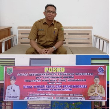 Sufian Arifin, Plt. Kepala Disnakertrans Barsel (foto atas) dan baleho pemberitahuan Posko pengaduan THR tahun 2024 bertempat di kantor Dianakertrans Barsel, Rabu (03/4/2024). Foto. Alifansyah/1tulah.com