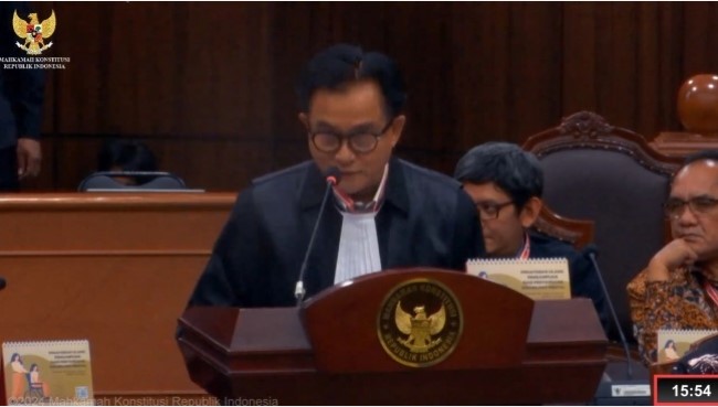 Yusril Ihza Mahendra di sidang PHPU Pilpres 2024 di Mahkamah Konstitusi, Kamis (28/3/2024). (bidik ayar
video)