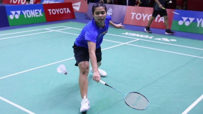 Pemain tunggal putri Gregoria Mariska Tunjung saat melakukan latihan perdana di Stadion Nimibutr, Bangkok, Thailand, Senin (13/5/2024).  (sumber: suara.com)