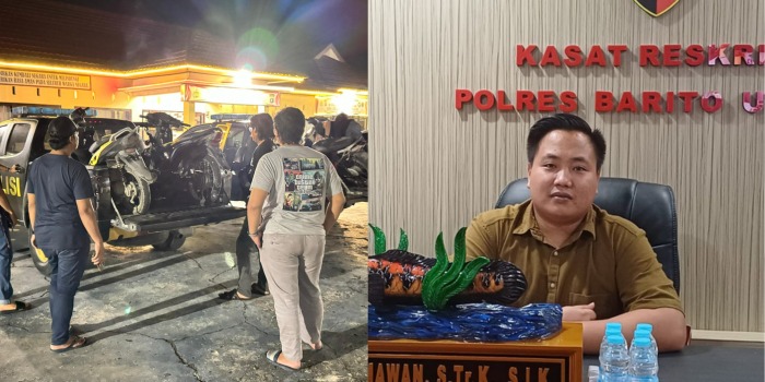Resmob Barut saat mengamankan sejumlah ranmor hasil curian, dan foto inzet Kasat Reskrim Iptu Ricky Hermawan saat memberikan pres rilis, Kamis(30/05/2024).Foto.Delia/1tulah.com
