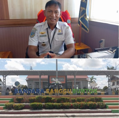 Ketut Okak, Kepala Bandara Sanggu Buntok (atas) saat diwawancarai di ruangn kerjanya, Senin (6/5/2024). Foto. Alifansyah/1tulah.com
