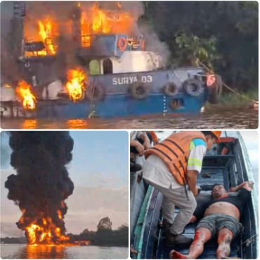 Tugboat Surya 03 saat terbakar (foto atas) dan (foto bawah kiri) tongkang yang juga ikut terbakar dilahap sijago merah serta salah satu korban yang sempat diselamatkan warga mengalami luka bakar yang cukup serius dalam peristiwa itu (foto bawah kanan). Foto. Alifansyah/1tulah.com