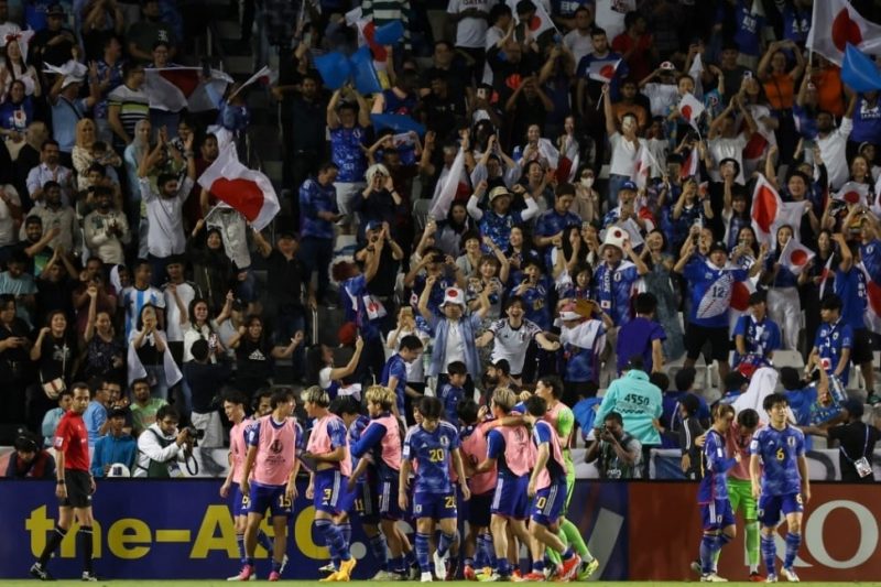 Pemain Jepang merayakan gol pada pertandingan final Piala Asia U23 AFC Qatar 2024 antara Jepang dan Uzbekistan di Stadion Jassim Bin Hamad di Doha pada 3 Mei 2024 (sumber: suara.com)