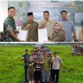 
Kepala DKPPP Barsel, Ida Safitri (foto kanan) usai menandatangi MoU dengan Dandim 1012 Buntok, Letkol Inf Langgeng Pujut Santoso (foto kiri) disaksikan Pj. Bupati, H. Deddy Winarwan didampingi Asisten I serta perwakilan dri Kementan RI, di Buntok, Rabu (1/5/2024). Foto. Alifansyah/1tulah.com
