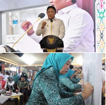 Wagub Kalteng, Edy Pratowo saat berpidato di acara Rembug Stunting (foto atas) dan Ketua TP PKK Kabupaten Barsel, Hj. Erna Ardiani Palupi saat menandatangani komitmen bersama interpensi serentak pencegahan stunting di wilayah Kalteng (foto bawah), di Palangka Raya, Rabu (22/5/2024). Foto. Alifansyah/1tulah.com