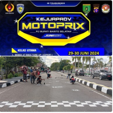 Spanduk pemberitahuan Kejurprov Motoprix 2024 (foto atas) dan persiapan panitia menjelang ajang Motoprix 2024. Foto. Alifansyah/1tulah.com