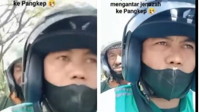 Kolase seorang driver ojol membawa orang tua yang menggendong jenazah bayinya dari Makassar ke Pangkep.  (sumber: suara.com)