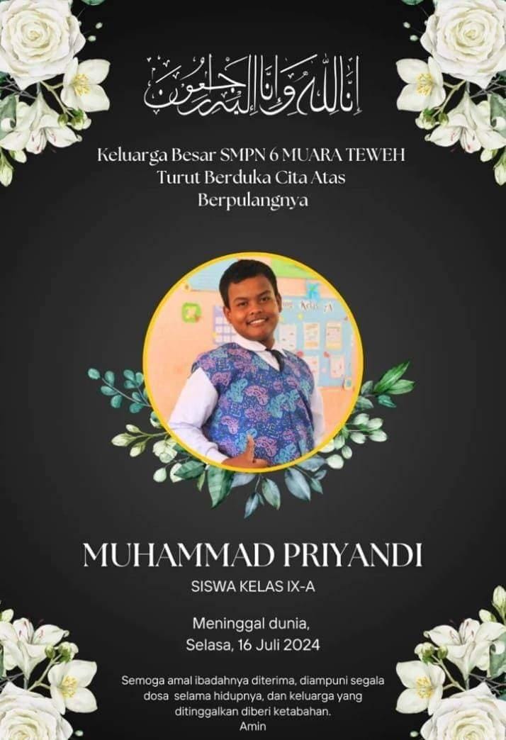 Ucapan duka cita meninggalnya Muhammad Nur Priyandi korban laka di Km 26 Sikui dari SMPN 6 Muara Teweh. Foto: SMPN 6 Muara Teweh